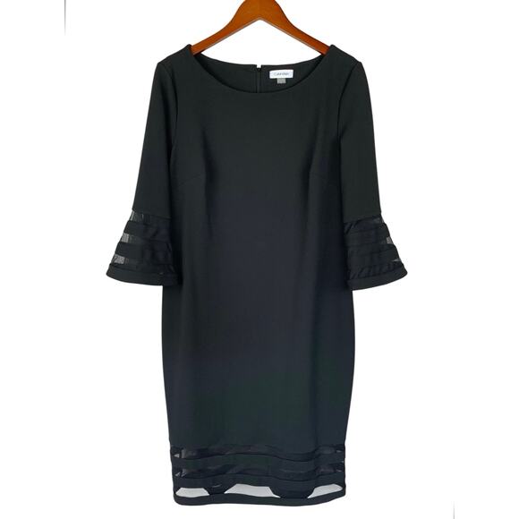 Calvin Klein Dresses & Skirts - Calvin Klein Sheath Dress Black Bell Sleeve Illusion Trim Knee Length Women's 16